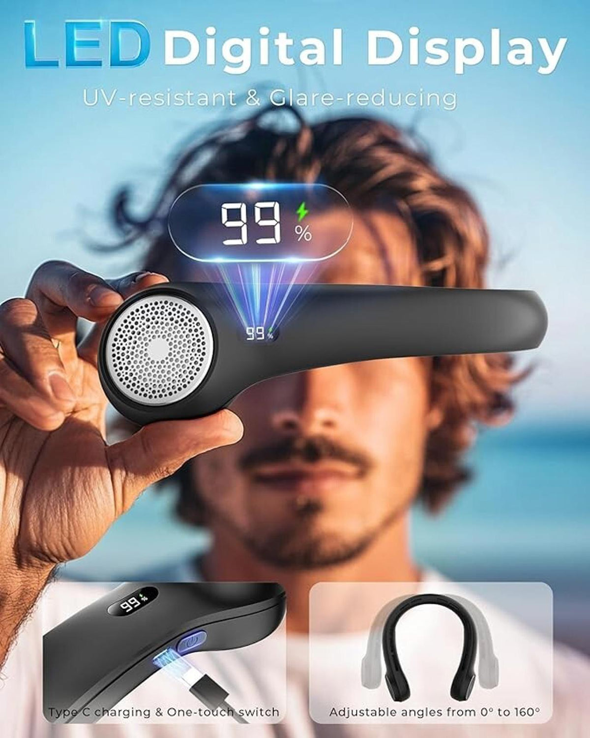 Portable Neck Fan w/ LED Display, 360° Cooling, 3-Speed