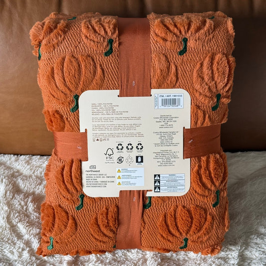 Costco Halloween Faux Fur Throw Blanket - Orange Pumpkin