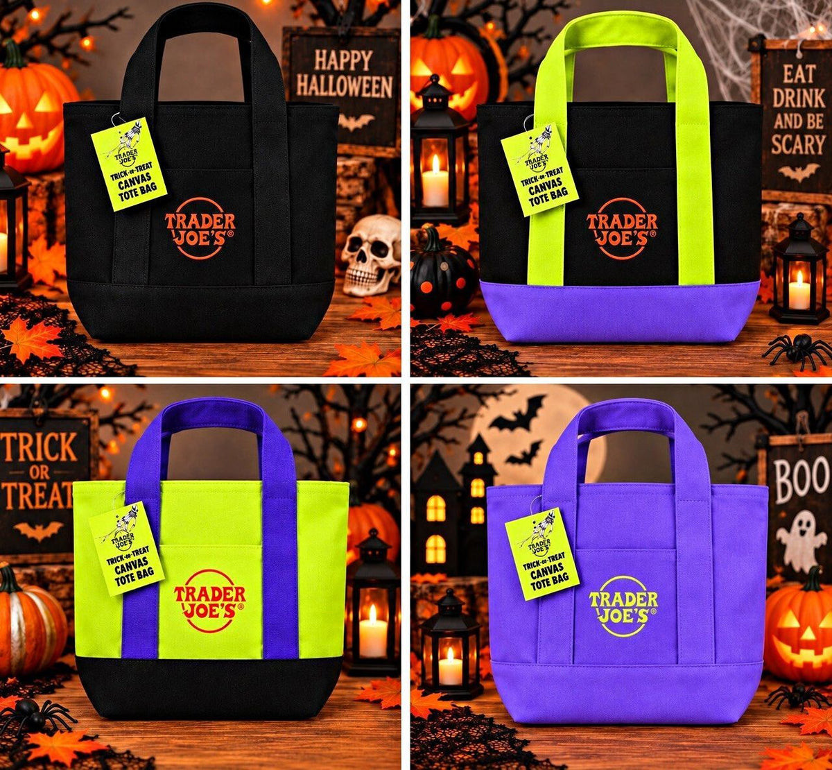 2026 Trader Joe's Halloween Mini Canvas Tote Bags - Set of 4