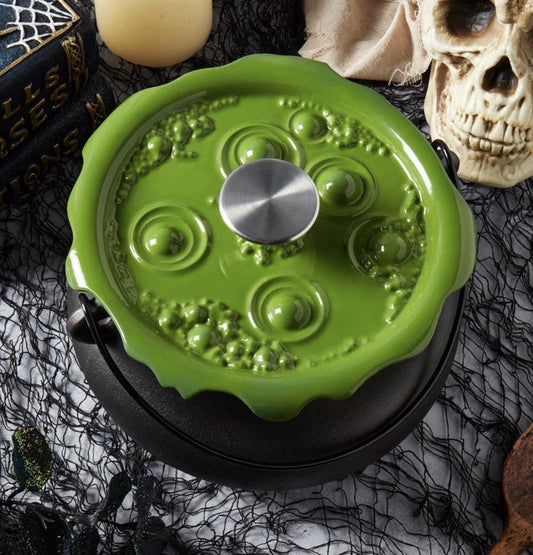 Smith & Clark - 4 Quart Cast Iron Cauldron Pot with Green 'Bubbling' Lid - Presale