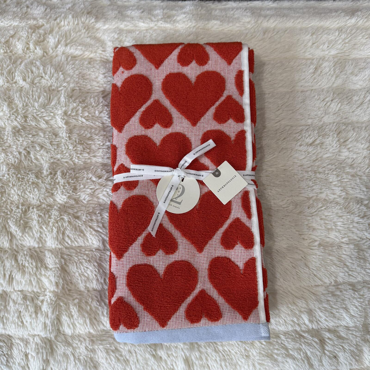 Anthropologie - Heart Patterned Bath Towels Set - Red & Blue