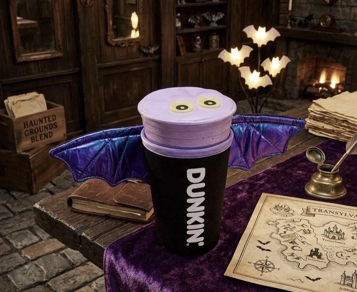 Dunkin' Halloween Bat Wings Koozie – Purple Iridescent Cup Sleeve
