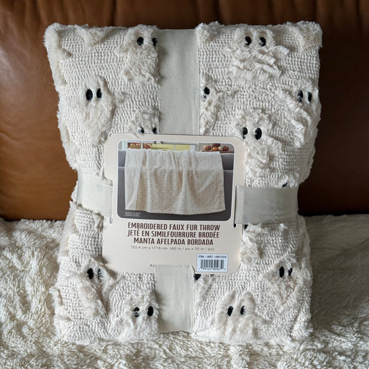 Costco Halloween White Ghost Faux Fur Throw Soft Blanket