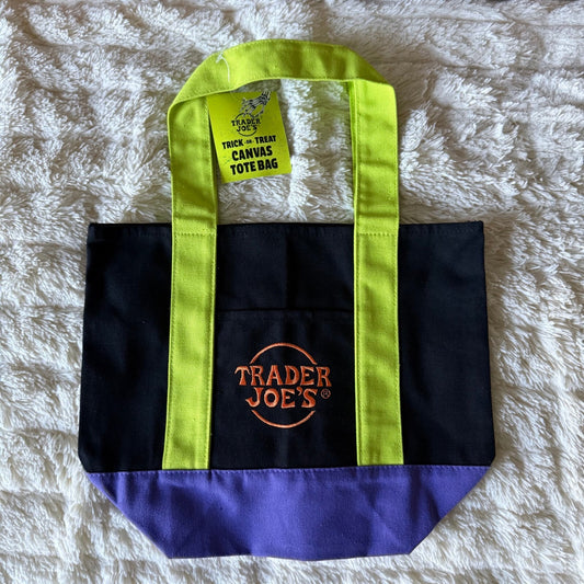 Trader Joe's 2026 Trick or Treat Mini Canvas Tote Bag - Black Green Purple
