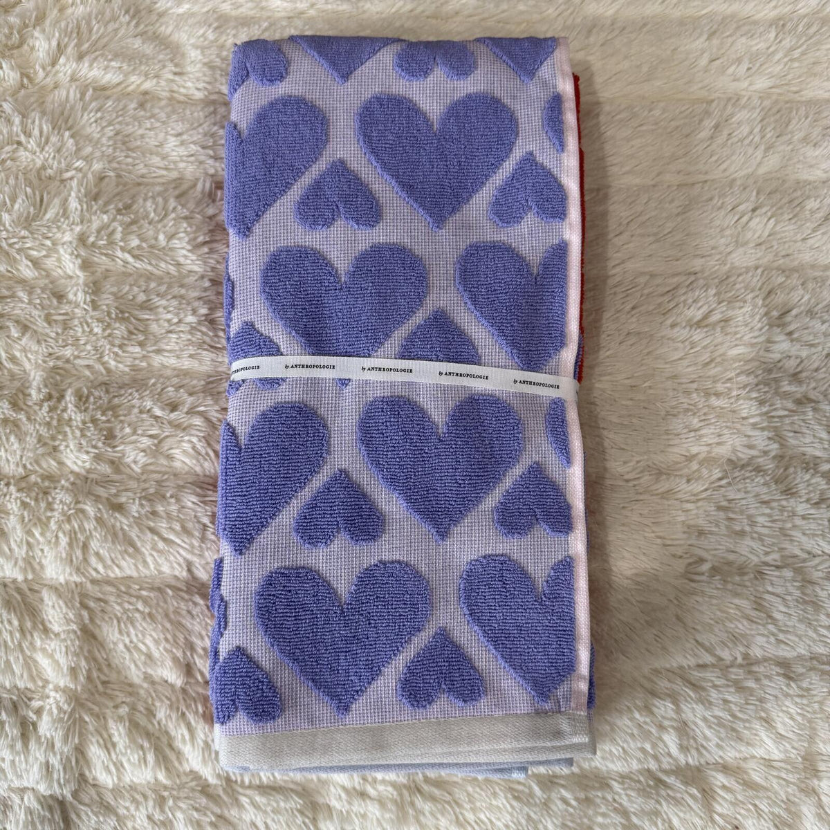 Anthropologie - Heart Patterned Bath Towels Set - Red & Blue